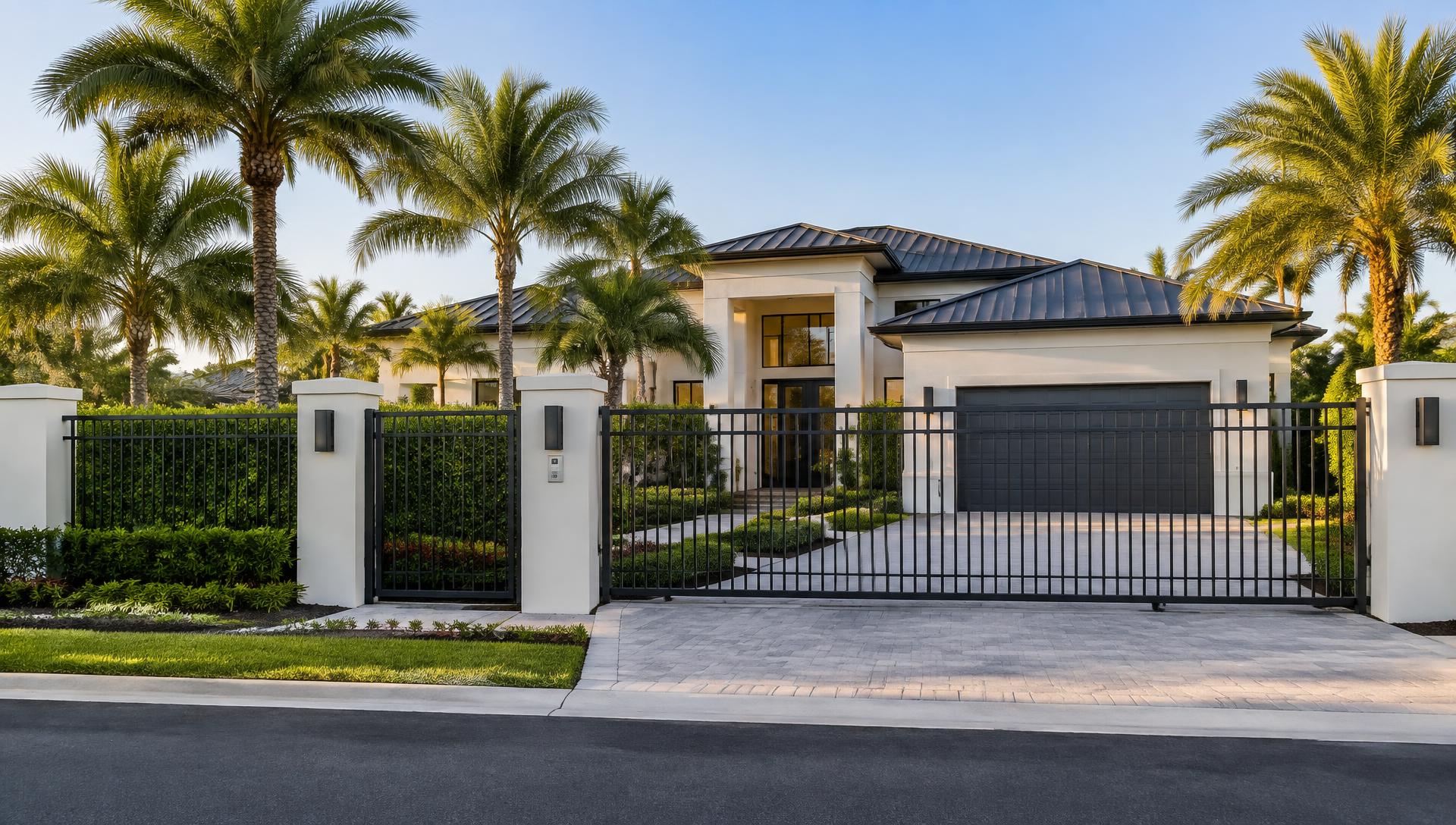 Black aluminum fence and automatic driveway gate installed at a South Florida home